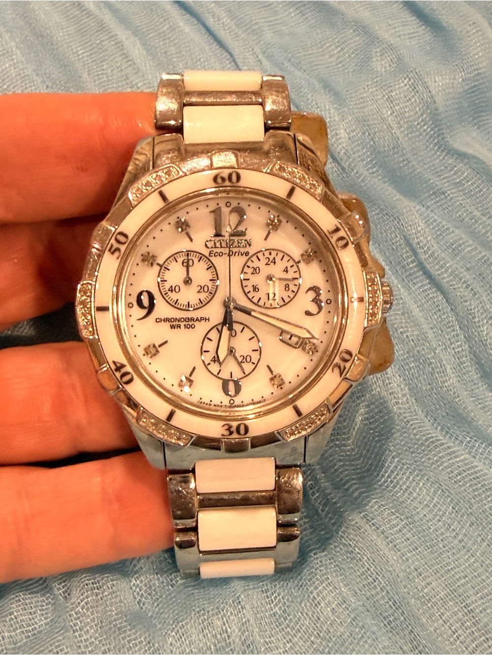 Citizen Women's Silver and White Ceramic Accent Chronograph Watch